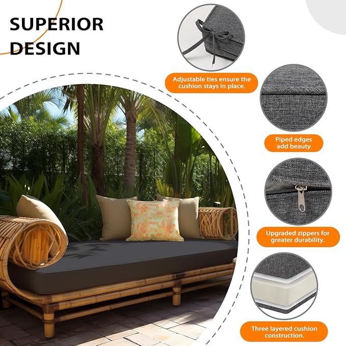 Sundale Outdoor Olefin Bench Cushion， Water-Resistant Patio Couch Cushion, Loveseat Sofa Pad with Straps Medium Gray, 48 x 18 x 4 Inches