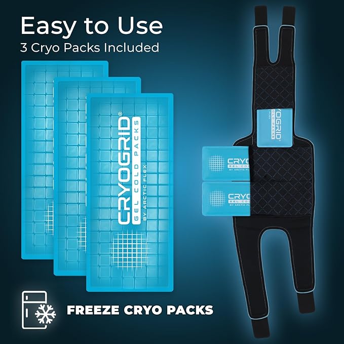 Cryogrid Knee Ice Pack Wrap - Reusable Cold Therapy Knee Ice Brace for Pain Relief, Swelling, Surgery Recovery, Arthritis, Patella & Meniscus Tear - Adjustable Compression Clay/Gel Wrap for Injuries