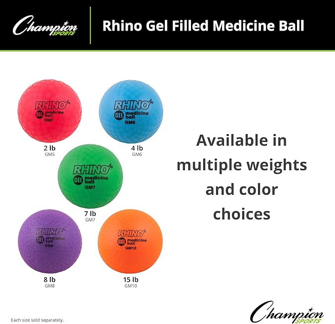 Champion Sports Rhino Gel Filled Medicine Ball – Durable, Soft Grip Weighted Ball for Strength, Cardio, & Rebounder Training – Multiple Weights for Home Gym & Fitness