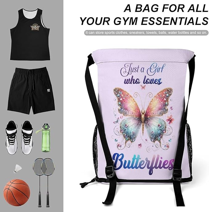 Custom Butterfly Drawstring Backpack - Cute Cinch Sack, String Backpacks with Pocket for Kids Boys Girls Women Men for Gym Outdoor Sports Travel Athletic Drawstring Bag - Lightweight/Foldable