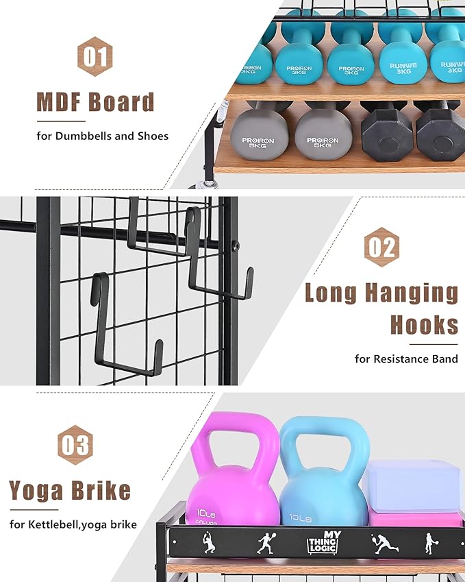 Mythinglogic Weight Rack for Dumbbells, Home Gym Storage for Yoga Mat Dumbbells Kettlebells and Strength Training Equipment, Dumbbell Rack with Wheels and Hanging Hooks