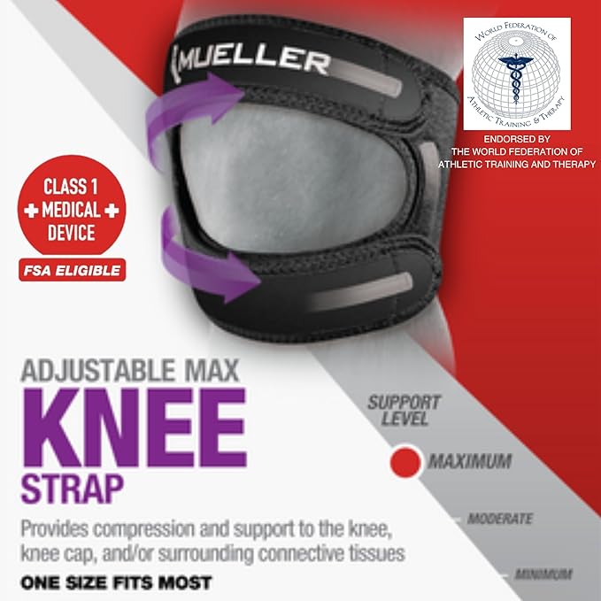 MUELLER Sports Medicine Adjustable Max Knee Single Strap for Men and Women, Compression & Pain Relief Support for Osgood-Schlatter's, Runner's Knee, Patellar Tendinitis, Black
