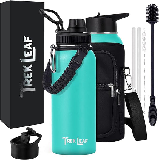 Travel Water Bottle with Carrying Bag, 3 Lids (Spout, Straw, Flip), and Bottle Brush; Leak Proof, Quality, Vacuum Insulated, Stainless Steel (Turquoise, 32 oz)
