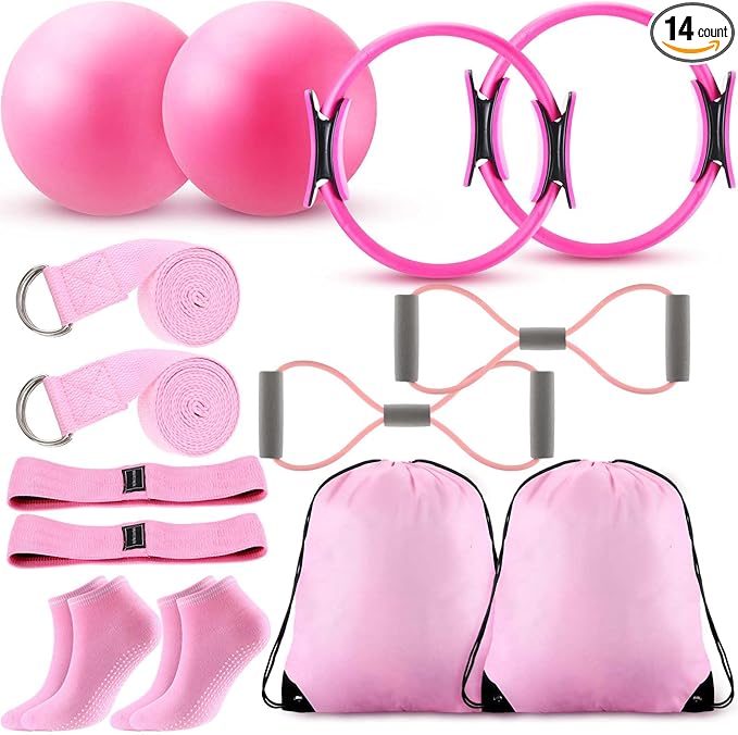 Poen Home Pilates Kit for Women Pilates Equipment Ring and Ball Set with Stretching Strap 8 Resistance Bands Non Slip Socks Gym Back Bags Exercise Equipment for Workout