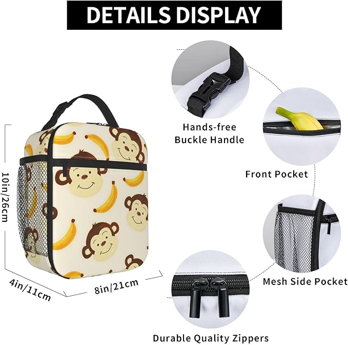 Cute Cartoon Monkey Lunch Box for Women Girls Kids, Insulated Cooler Monkey and Banana Lunch Bag for School, Picnic, Office, Travel, Work, Portable Reusable Polyester Thermal Tote Lunch Bags