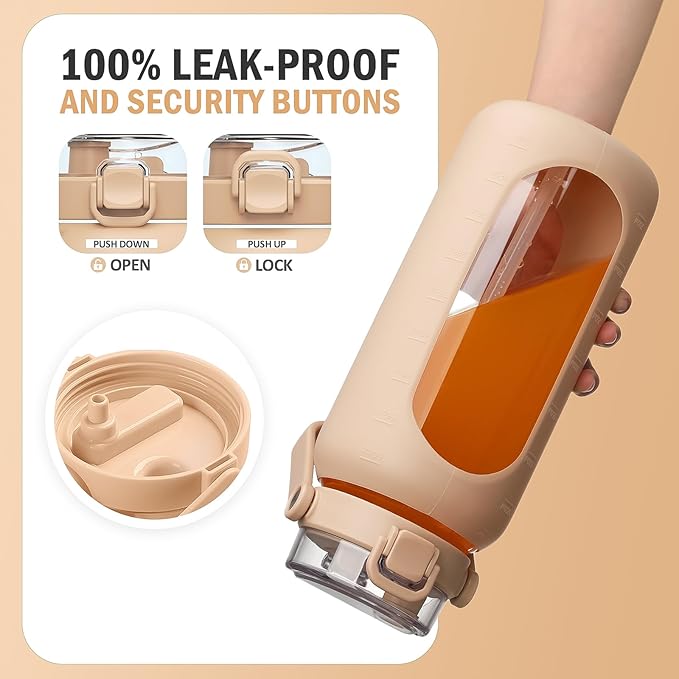 BLUEGO 64oz Glass Water Bottles with Straw Time Marker Half Gallon Large Motivational Water Bottle with Silicone Sleeve 2 Liter Large Glass Water Jug for Gym, Sports& Workout, Daily, Amber