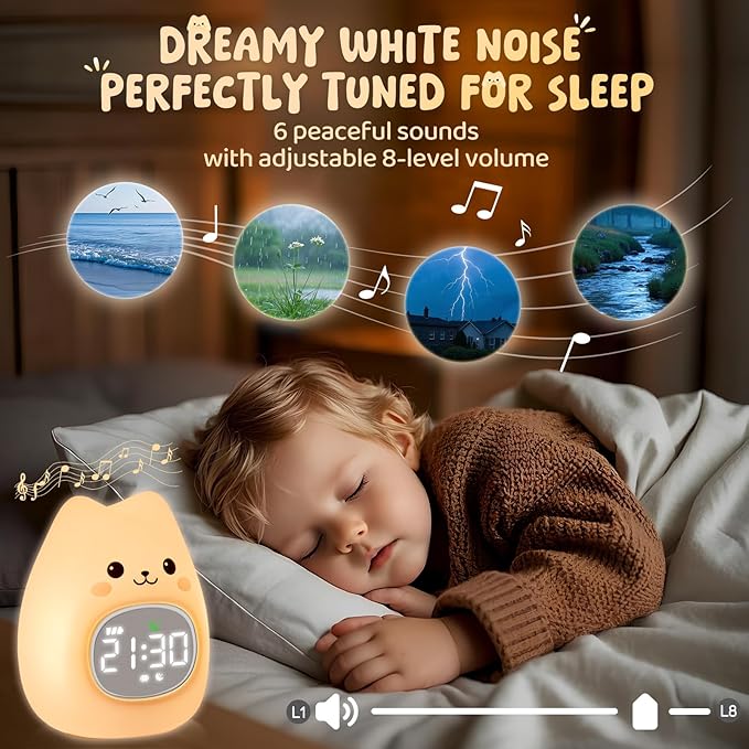 Cat Alarm Clock with Night Light for Kids with Sleep Training and Sound Machine, Rechargeable Silicone Lamp OK to Wake Clock，Cute Animal Tabletop Lamp, Perfect Sleep Companion for Boys Girls