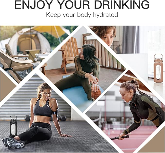 42oz/52oz/64oz Glass Water Bolttles with Straw Half Gallon Large Motivational Water Bottle with Time Marker Sports Water Bottles with Silicone Sleeve and Handle Lid Water Jug for Gym Workout