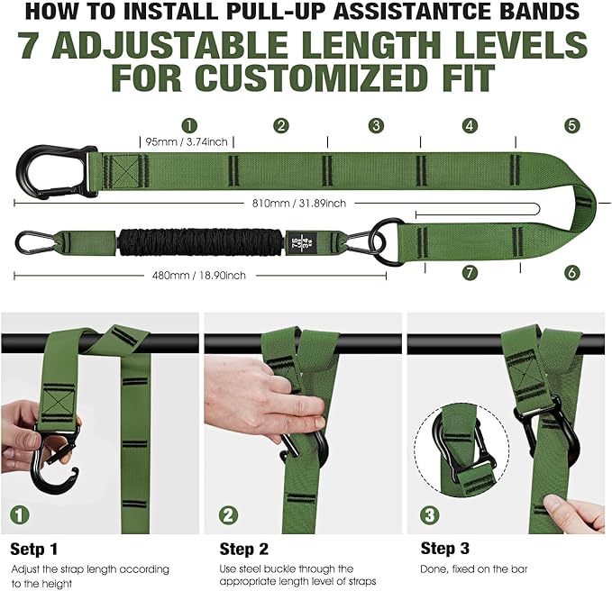 Pull Up Assistance Bands, Pull Up Bar Resistance Bands, Pull Up Bands for Enhanced Strength Training, Muscle Training, 3 Heavy-Duty Adjustable Pull Up Assist Strap & Comfortable Foot Strap