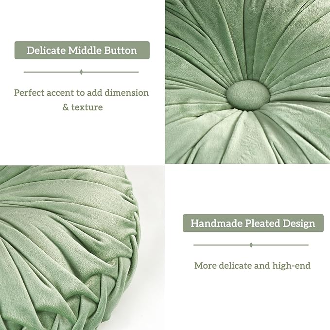 HIG Set of 2 Decorative Round Pleated Throw Pillows, Classy Accent Pumpkin Throw Pillows with Center Button, Vintage Velvet Floor Pillows for Sofa Vanity Chair Bed, Sage, 14.5" Diameter(Ripple)