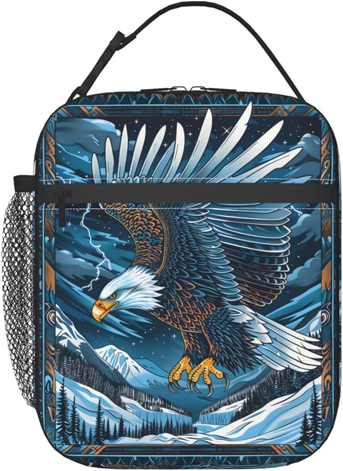 Eagle Polyester Lunch Box for Kids Teen,Big Bird Reusable Thermal Lunch Bag for Adult Women,Cool Insulated Tote Cooler Bags for School,Work,Picnic,Travel,Winter Mountain Design
