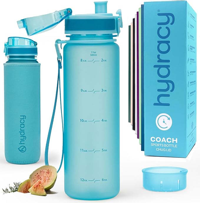 Hydracy Water Bottle with Time Marker -Large BPA Free Water Bottle & No Sweat Sleeve -Leak Proof Gym Bottle with Fruit Infuser Strainer & Times to Drink -Ideal for Fitness Sports & Outdoors