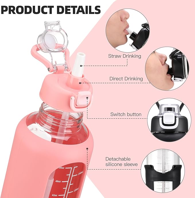 64 oz Glass Water Bolttles with Straw Half Gallon Large Motivational Water Bottle with Time Marker Sports Water Bottles with Silicone Sleeve and Handle Lid Water Jug for Gym Workout