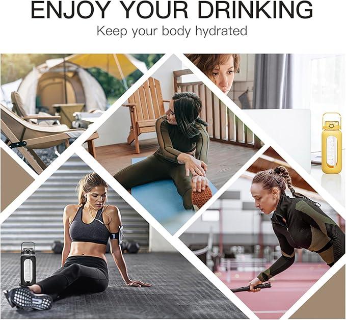 42oz/52oz/64oz Glass Water Bolttles with Straw Half Gallon Large Motivational Water Bottle with Time Marker Sports Water Bottles with Silicone Sleeve and Handle Lid Water Jug for Gym Workout