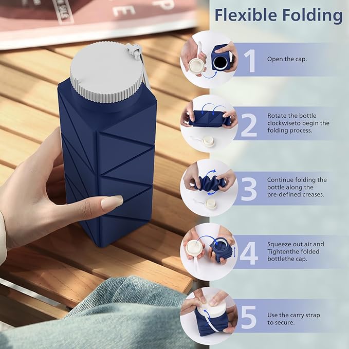 610ml Collapsible Water Bottles Upgrade Foldable Water Bottle BPA Free Reusable Lightweight LeakProof Silicone Water Bottles 20.6oz for Travel Hiking Office Camping Outdoor Sport Dark Blue