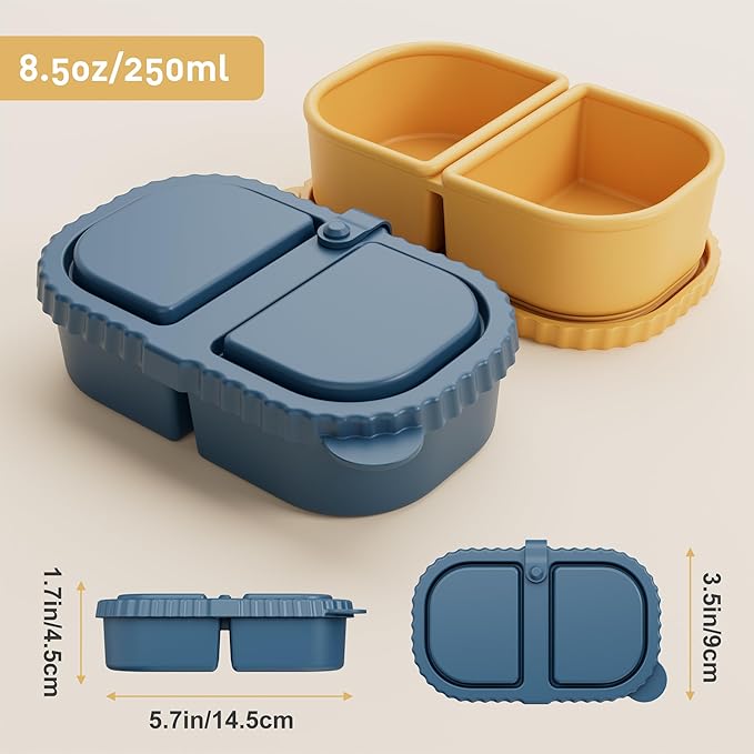 3 Pack Reusable Silicone Snack Containers with Lids, 8.5oz 2 Compartment Snackle Box Containers,Ideal Portable Small Food Storage Box for School, Office and Picnic(Blue, Pink, Yellow)