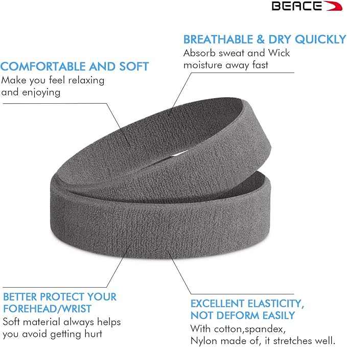 BEACE Sweatbands Sports Headband for Men & Women - 6PCS Moisture Wicking Athletic Cotton Terry Cloth Sweatband for Tennis, Basketball, Running, Gym, Working Out