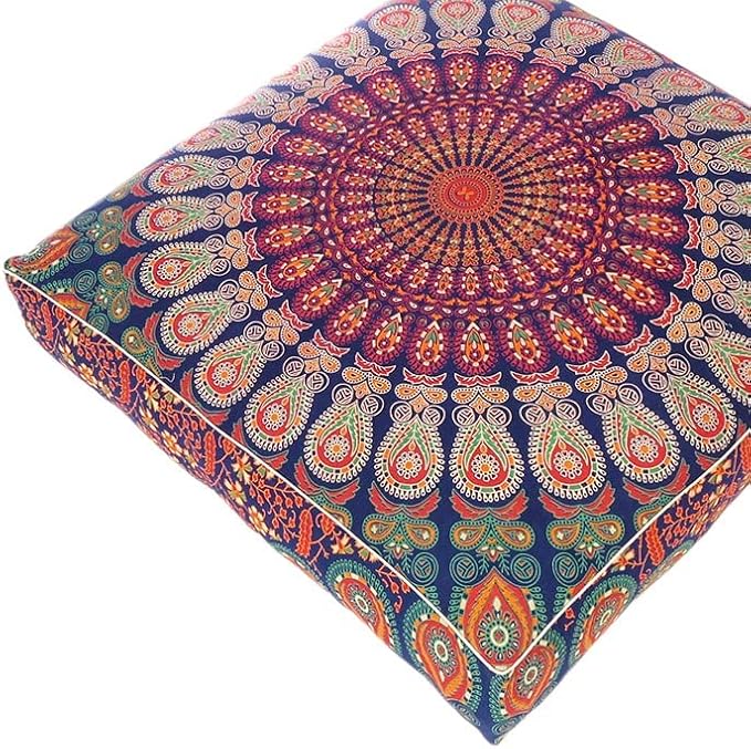 Eyes of India - Mandala Floor Pillow Cover Meditation Cushion Seating Throw Hippie Round Colorful Decorative Bohemian Indian Pouf Ottoman Handmade Cover ONLY (Dark Blue-2, 35" x 35")