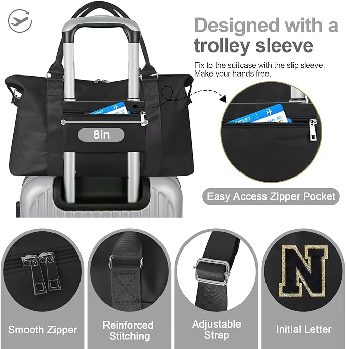 Dance Gym Duffel Bag for Teen Girls, Personalized Initial Travel Weekender Bag,Cute Overnight Carry On Duffle for Women,Sports Travel Cheer Bag,Monogram Christmas Gifts for Tween Preppy(black-N)