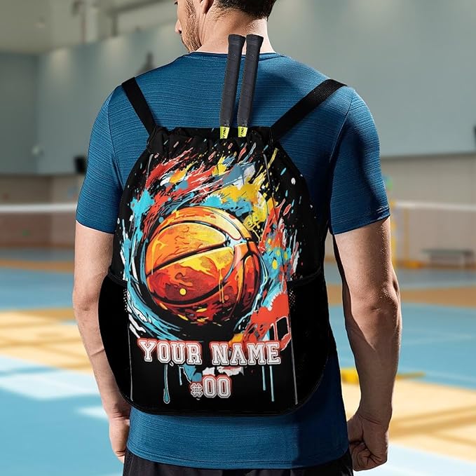 Custom Basketball Drawstring Backpack - Cool Cinch Sack, String Backpacks with Pocket for Kids Women Men Boys Girls for Gym Outdoor Sports Travel Athletic Drawstring Bag - Lightweight/Foldable
