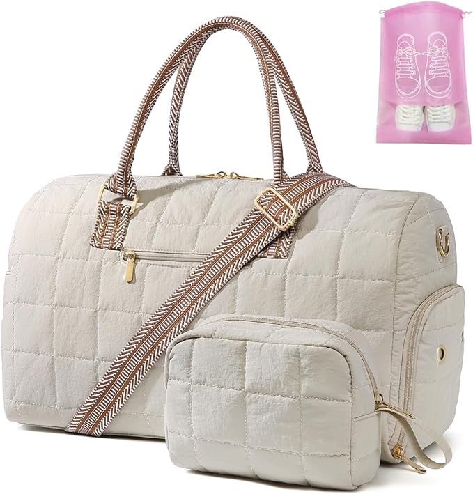 Duffle Bag for Travel, Weekender Bag with Shoe Compartment, Carry On Overnight Bag for Women with Toiletry Bag, Gym Bag with Wet Pocket, Hospital Bags for Labor and Delivery Beige