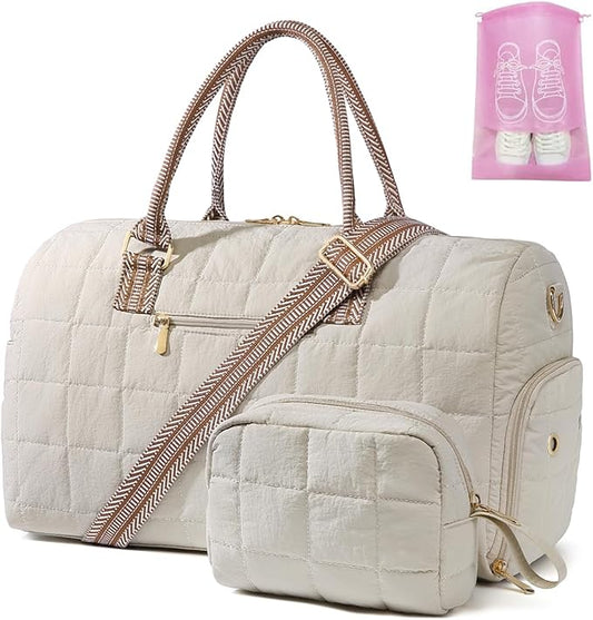 Duffle Bag for Travel, Weekender Bag with Shoe Compartment, Carry On Overnight Bag for Women with Toiletry Bag, Gym Bag with Wet Pocket, Hospital Bags for Labor and Delivery Beige