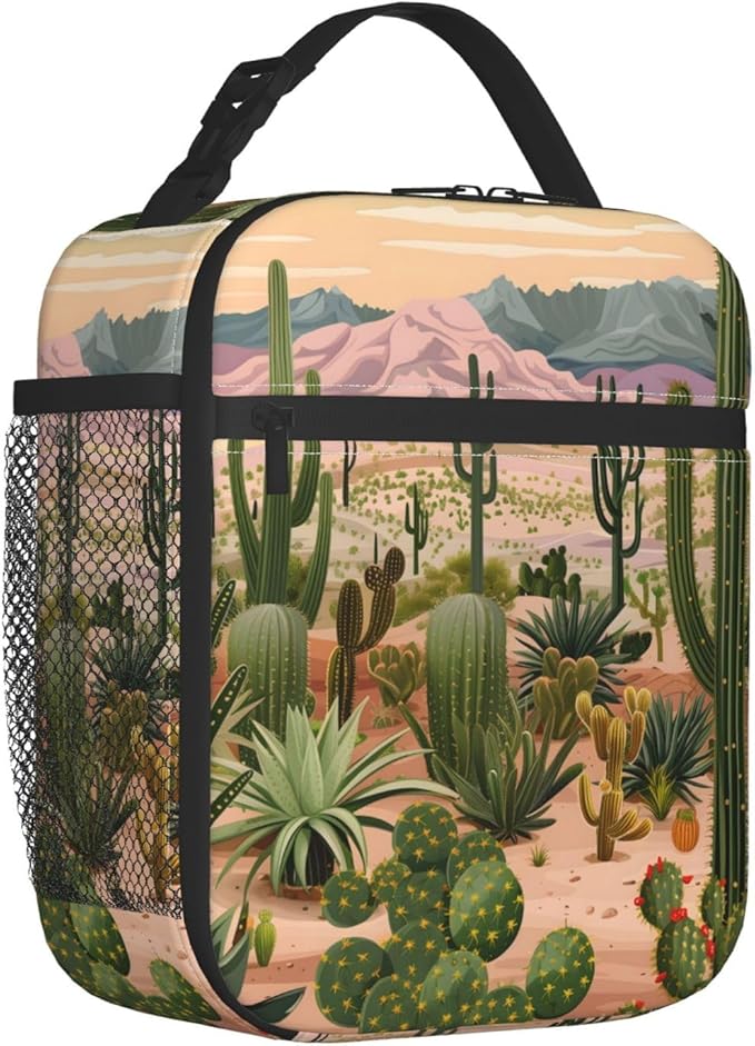 Cactus Lunch Box for Women Adults Kids, Insulated Cooler Lunch Bag for Picnic, School, Office, Travel, Work, Portable Reusable Polyester Tote Thermal Lunch Bags (Scenic Cactus)