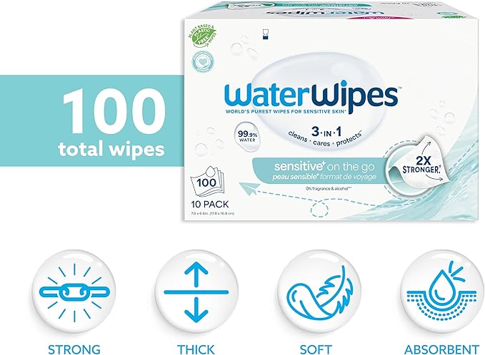 WaterWipes Sensitive+ On The Go Wipes, 3-In-1 Cleans, Cares, Protects, 99.9% Water, Unscented & Hypoallergenic Wet Wipes, 100 Count (10 Packs)