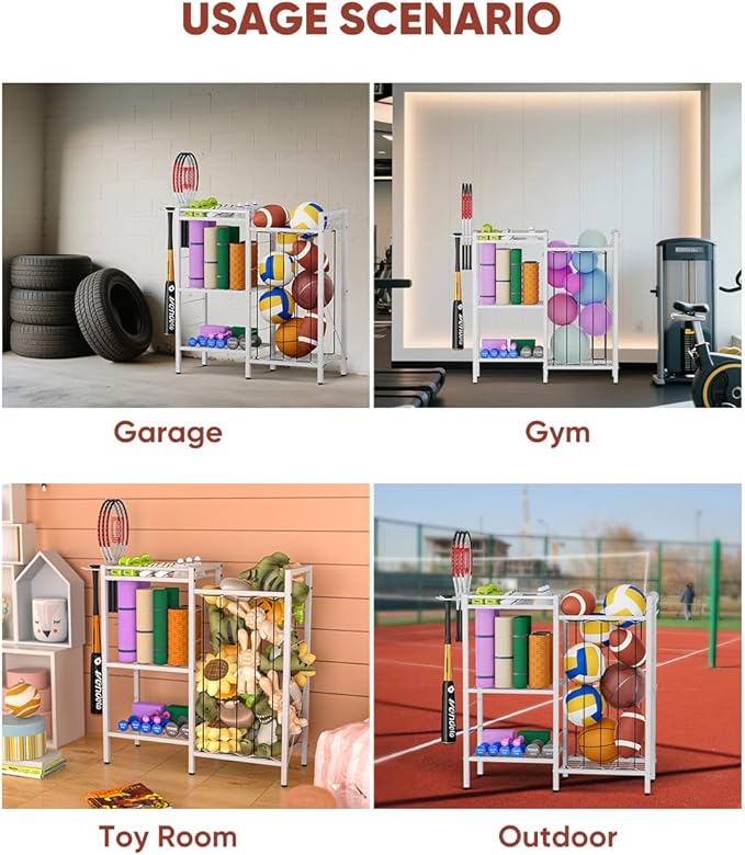 3 Tiers Dumbbells Yoga Mat Storage Rack with Elastic Straps for Kettlebells Foam Roller Resistance Bands Balls, Workout Equipment Organizer Weight Storage Holder with Hooks for Home Gym