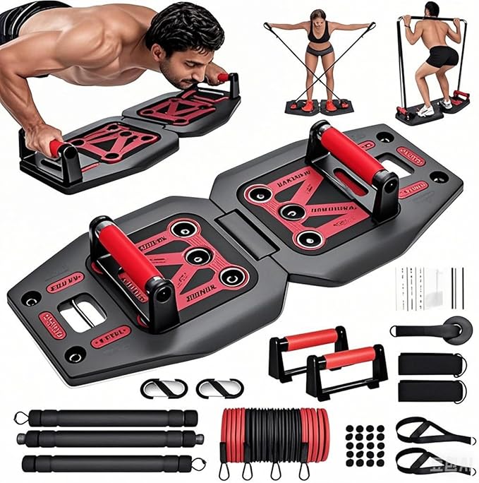Home Gym Exercise Equipment - Portable Workout System 17 Fitness Accessories 9 in1 Push Up Board Set, Resistance Bands with Pilates Bar Strength Training Abs Shoulders
