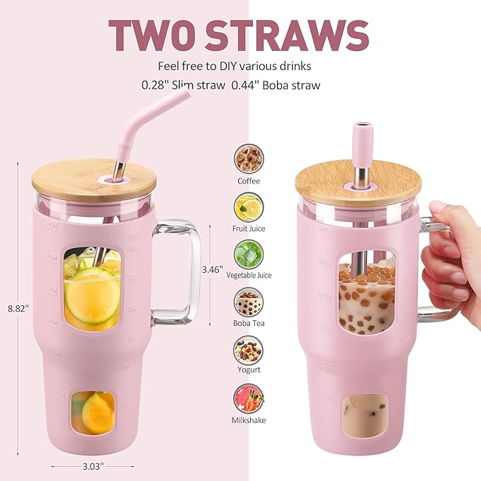 Glass Tumbler with Straw and Lid, 32 oz Glass Cup with Handle, Glass Water Bottles with Time Marker, 2 Straws - Pearl Straw & Drinking Straw Silicone Protective Sleeve-Pink