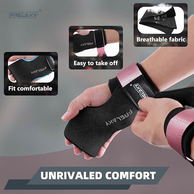 Frelaxy Lifting Wrist Straps Women and Men, Weight Lifting Grips with Cushion Wrist Loop, Double Layer Leather and Storage Pouch, Gym Workout Straps for Deadlift and Powerlifting
