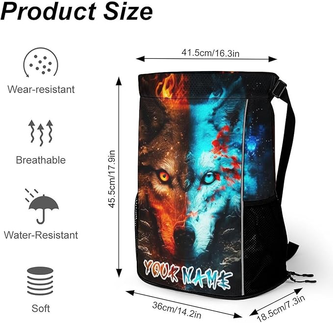 Custom Wolf Drawstring Backpack - Cute Cinch Sack, String Backpacks with Pocket for Women Men Kids Boys Girls for Gym Outdoor Sports Travel Athletic Drawstring Bag - Lightweight/Foldable