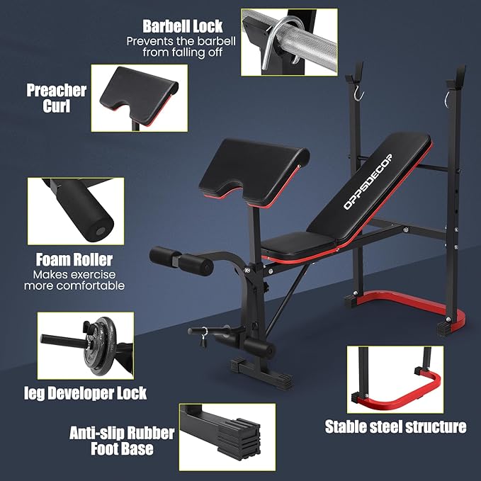OPPSDECOR 661LBS Weight Bench Set, 8 in 1 Adjustable Bench Press with Squat Rack Leg Extension & Leg Curl Workout Bench with Safety Bar Catches Standard Weight Training Benches for Home Gym