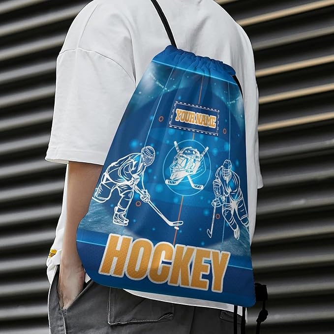 Custom Hockey Drawstring Backpack - Cool Cinch Sack, String Backpacks for Kids Women Men Boys Girls for Gym Outdoor Sports Travel Athletic Drawstring Bag - Lightweight/Foldable