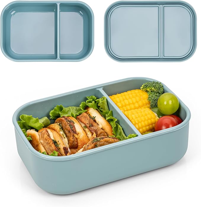 100% Silicone Bento Box Adult with 2 Compartments, 32oz, Reusable Divided Lunch Box Meal Prep Containers for Entree and Side Food Snack Storage, BPA-Free Plastic-Free, Microwave Dishwasher safe, Green