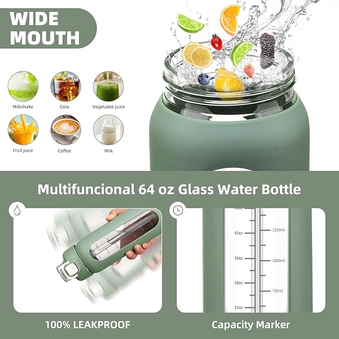 64 oz Glass Water Bolttles with Straw Half Gallon Large Motivational Water Bottle with Time Marker Sports Water Bottles with Silicone Sleeve and Handle Lid Water Jug for Gym Workout
