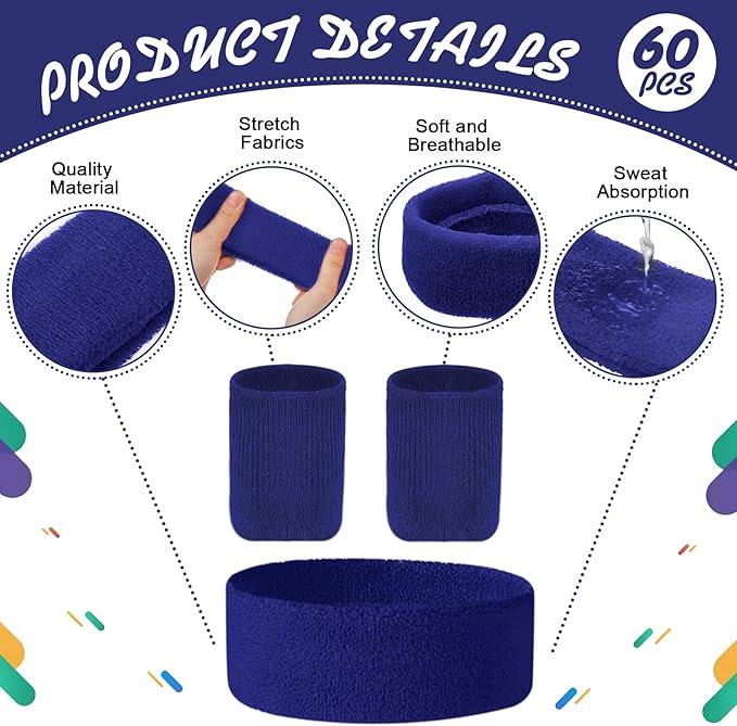 60 Pieces Sweatbands Set Includes 20 Sports Headband and 40 Wristbands Sweatbands Colorful Terry Cloth Wristbands for Working Out Tennis Gym 80s Sweat Band for Athletic Men and Women
