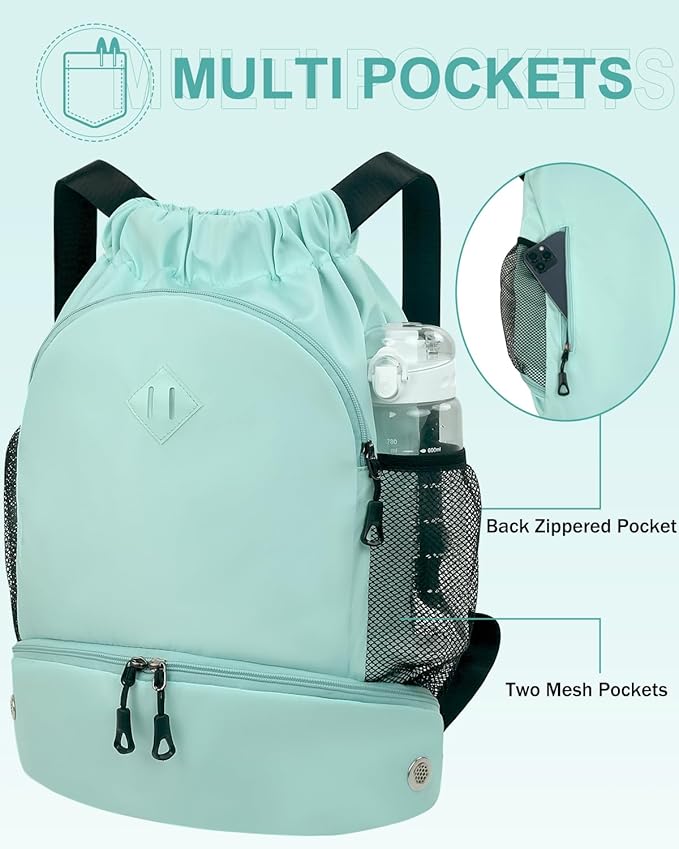 Drawstring Backpack Gym Backpack with Shoe Compartment for Men Women String Sports Bag with Wet Pocket Cinch Swim Beach Bag, Mint Green (Patent Pending)