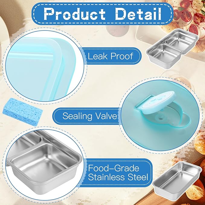4Pcs Grab and Go Snack Containers with 2 Cleaning Sponge, Stainless Steel Snack Container, Reusable Meal Holder with Lids for Food, Meal, Dip, Condiment (One/Double Compartment)