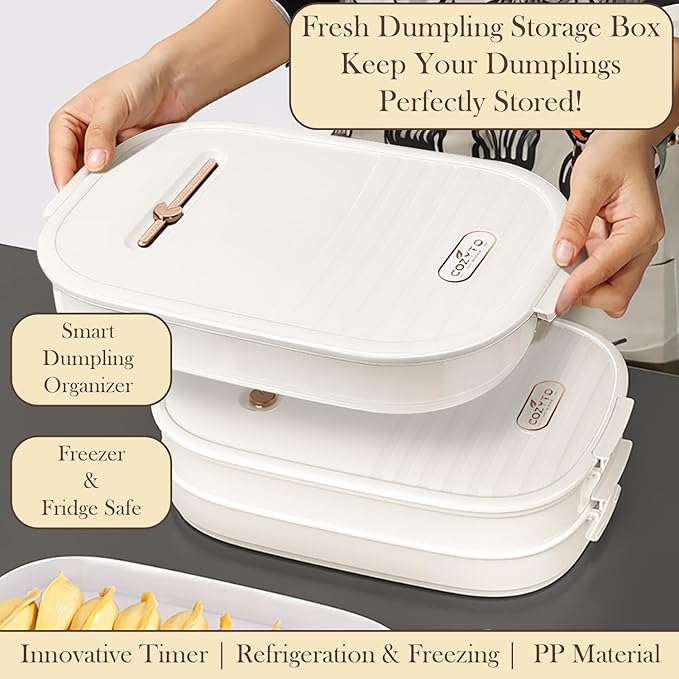 4-Layer Dumpling Storage Container – Freezer Organizer with Smart Timer, Good Sealing, Stackable Food Containers, Anti-Stick Base & Clip Lid (White Lid & White Box)