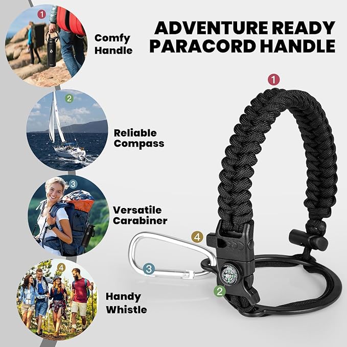 Insulated Water Bottle 40 oz, Triple Wall Vacuum Stainless Steel (Cold for 48 Hrs), Leak Proof & Non-BPA, Modern Water Flask Jug with Paracord Handle & Straw Spout Lids, Magic Black