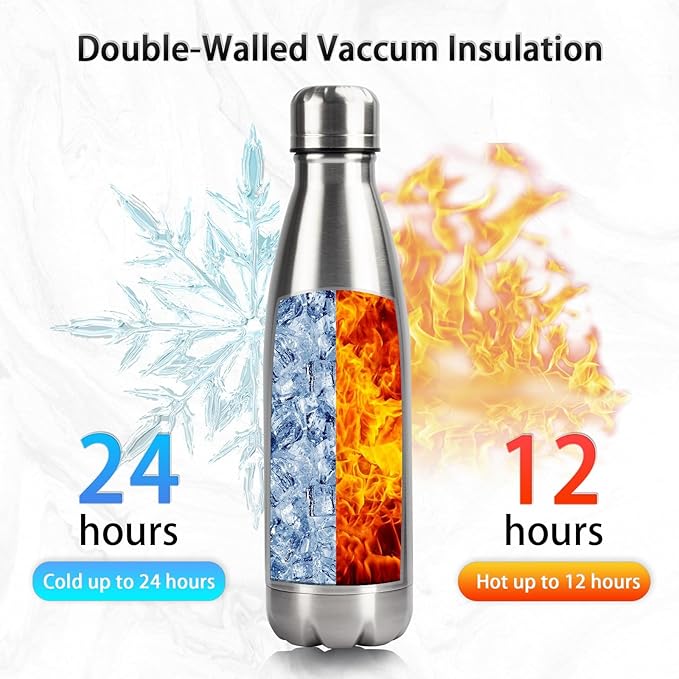 Insulated Water Bottle, 2 Pack-17oz Stainless Steel Water Bottles with straw lid, Metal Sports Water Bottles for Boys,Girls, Double Wall Vacuum BPA-Free Flask for School, Sports & Travel-Silver