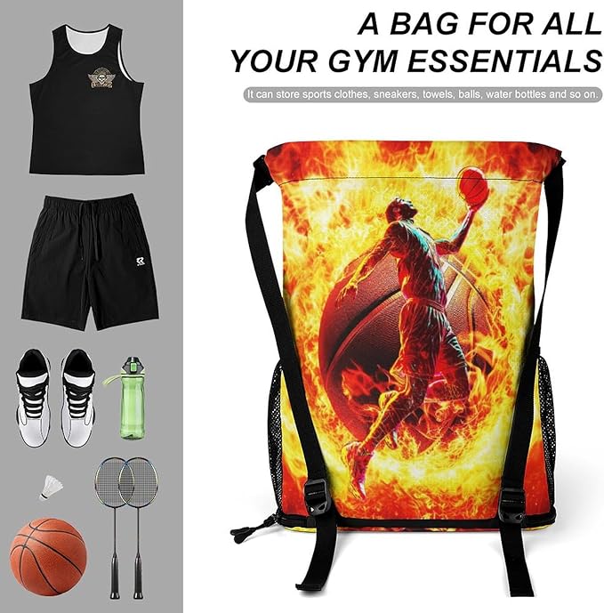 Custom Basketball Drawstring Backpack - Cool Cinch Sack, String Backpacks with Pocket for Kids Women Men Boys Girls for Gym Outdoor Sports Travel Athletic Drawstring Bag - Lightweight/Foldable