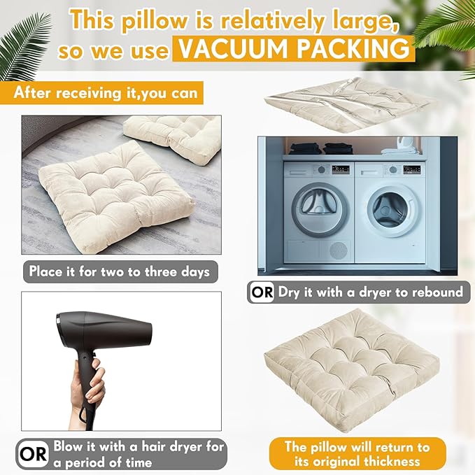 Jerify Floor Pillow Cushions 22 x 22 Inch Round Square Large Meditation Floor Pillow for Classroom Adult Meditation Picnic Party Cushion for Seating Gift Christmas(Square,Beige,2 Pcs)