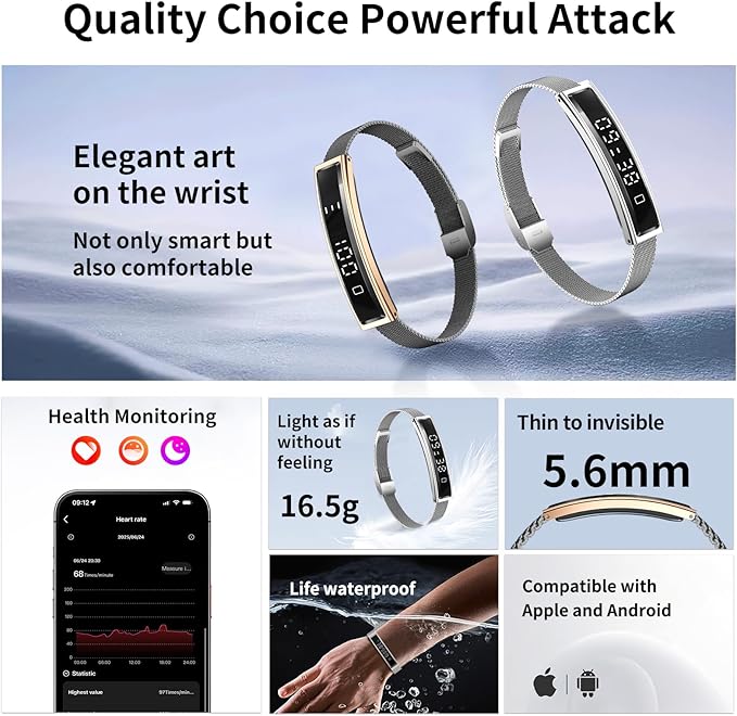 Smart Bracelet,Activity&Fitness Trackers,Touch Screen/Sleep Tracker/Heart Rate/Blood Oxygen,5ATM Waterproof,Multiple Sports Modes,Free App for iOS Android (Steel Belt, Black)