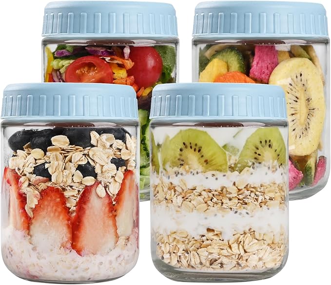 Overnight Oats Containers with Lids, 16oz Glass Jars with Lids 4 pcs, Light Blue, Wide Mouth Mason jars for Salad, Yogurt, Snacks, Meal Prep