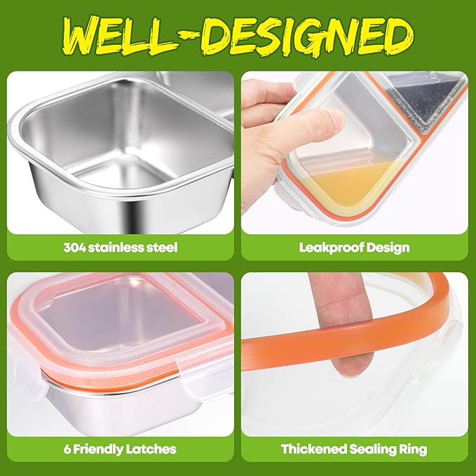 2 Pack Stainless Steel Snack Containers with Lids - Reusable 2 Compartment Snackle Box Container Divide Wet Dry Leakproof Metal Food Storage Containers for School, Home, Travel (Yellow + Orange)