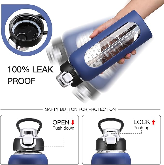 32 oz Glass Water Bolttles with Straw Large Motivational Water Bottle with Time Marker Sports Water Bottles with Silicone Sleeve and Handle Lid Water Jug for Gym Workout