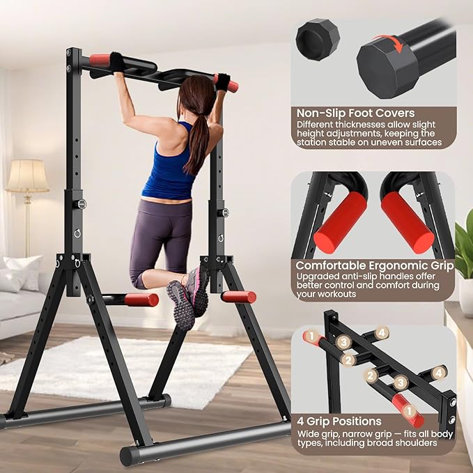 Power Tower Pull Up Dip Station Foldable, Pull Up Bar Station Adjustable, Multi-Function Home Gym, Strength Training Fitness Equipment, Triangular Design, for Home Outdoor
